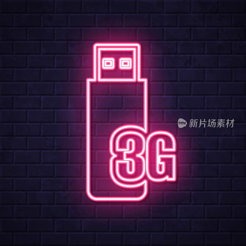 3G USB调制解调器。在砖墙背景上发光的霓虹灯图标